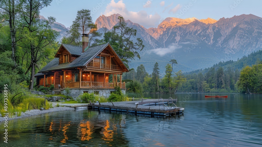 Fototapeta premium Serene Lakeside Cabin in the Majestic Mountains
