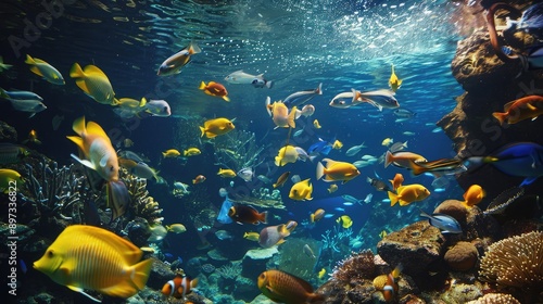 A large public aquarium display with schools of fish swimming in harmony.