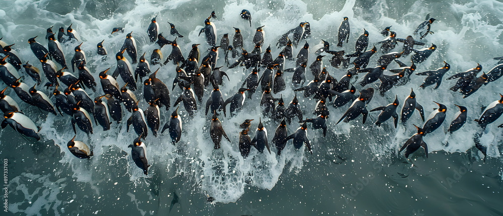 Fototapeta premium Aerial wide view over the Earth's South Pole Area of Photographs of Penguin reflect the daily life in various poses of wild animals in groups of families or species societies