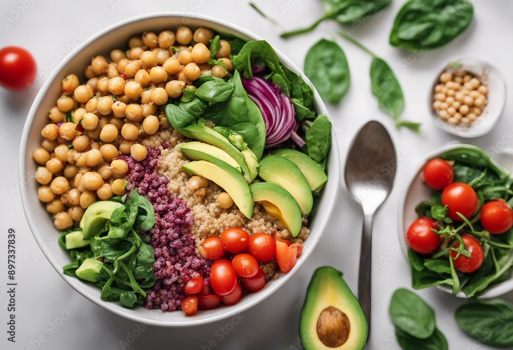 A colorful vegan Buddha bowl with quinoa, chickpeas, avocado, spinach, and cherry tomatoes on white background
A colorful vegan Buddha bowl with quinoa, chickpeas, avocado, spinach, and cherry tomatoes on white background