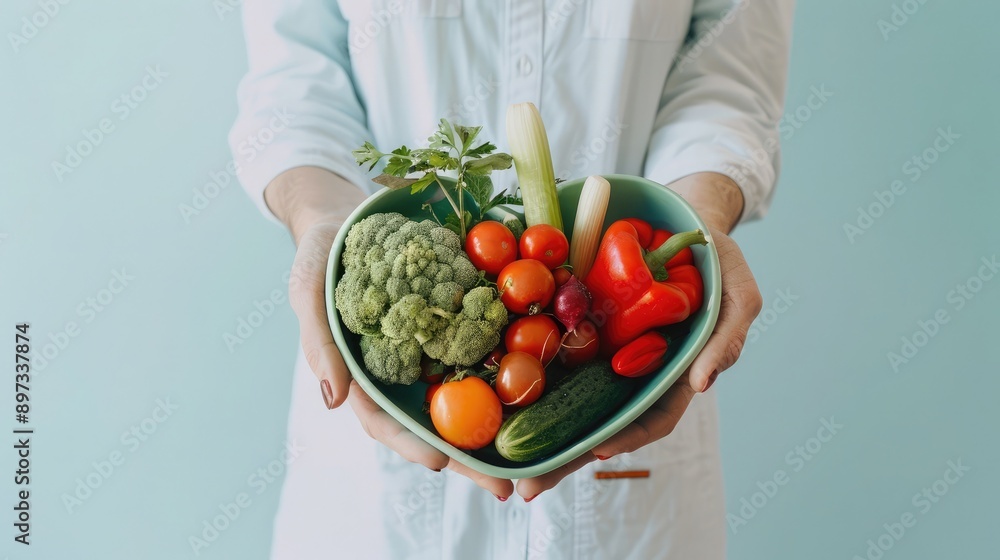 A nutritionist presenting a heart-shaped dish full of vegetables, promoting healthy lifestyle choices. A nutritionist presenting a heart-shaped dish full of vegetables, promoting healthy lifestyle choices.