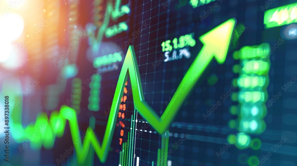 A close-up shot of a stock market data screen with a green arrow pointing upward, indicating a positive trend A close-up shot of a stock market data screen with a green arrow pointing upward, indicating a positive trend