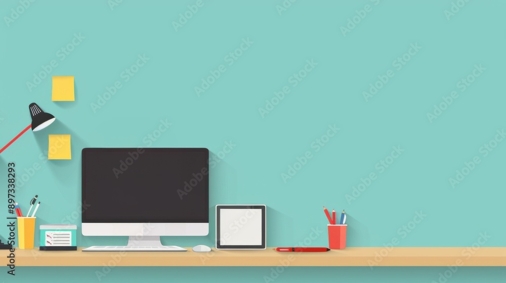 Colorful Office Supplies on Green Background Colorful Office Supplies on Green Background