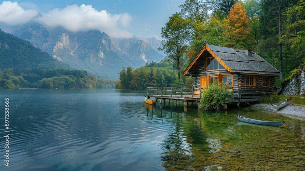 Fototapeta premium Picturesque Lakeside Cabin in the Mountains