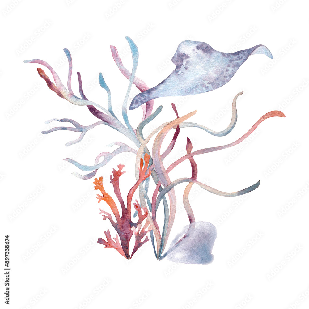 Fototapeta premium Undersea arrangement with plants and ocean inhabitants in watercolor. Stingray and seaweeds monochrome illustration hand drawn in a pink and gray. Bright nautical underwater style. Marine design