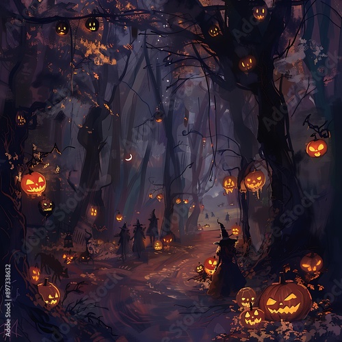 8. A spooky forest path lit by jack-o'-lanterns and lanterns, with figures in Halloween costumes lurking in the shadows, creating an eerie scene photo