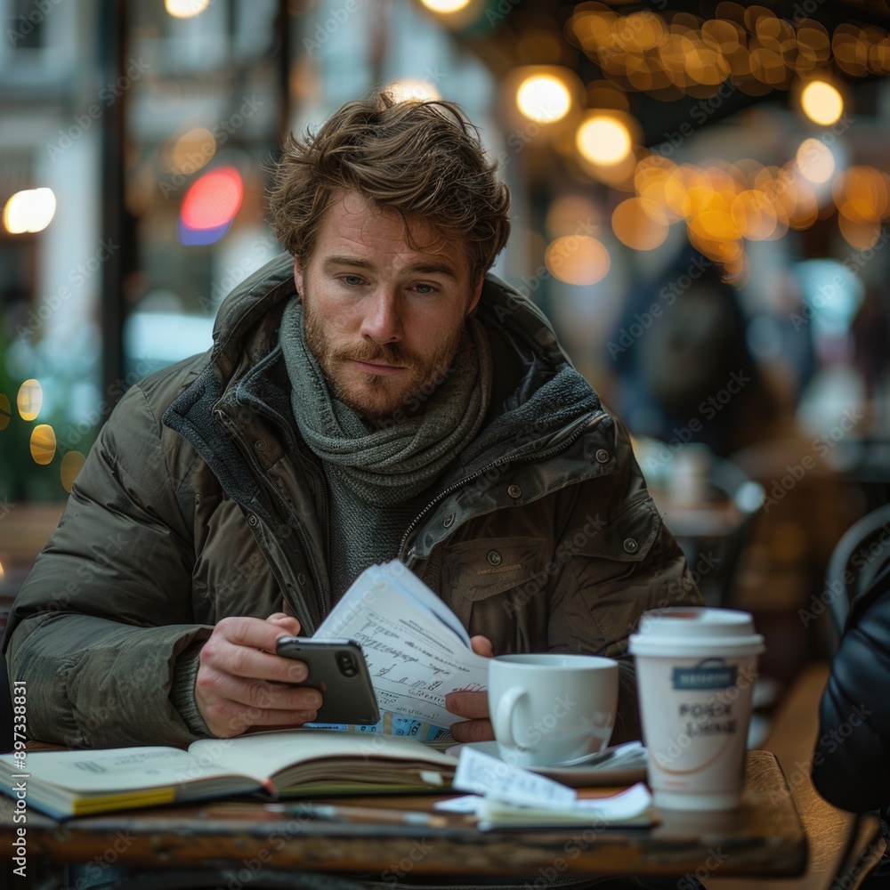Modern Urban Leisure: A Man Engrossed in Smartphone Reading at a Coffee Shop Table Modern Urban Leisure: A Man Engrossed in Smartphone Reading at a Coffee Shop Table