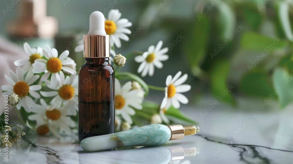 A bottle of essential oil and a jade roller placed next to fresh flowers. A bottle of essential oil and a jade roller placed next to fresh flowers.