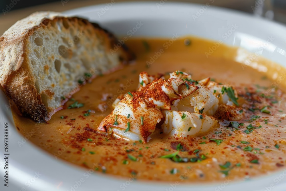A dish of lobster bisque, rich and creamy, garnished with a sprinkle of paprika and served with a slice of crusty bread. A dish of lobster bisque, rich and creamy, garnished with a sprinkle of paprika and served with a slice of crusty bread.