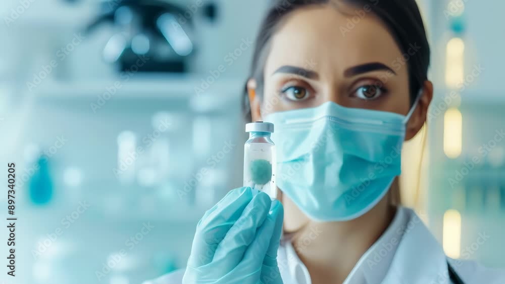 Female scientist in protective gear holding a vial with a virus model in a laboratory. Focus on scientific research and medical advancements. Ideal for healthcare and laboratory themes Female scientist in protective gear holding a vial with a virus model in a laboratory. Focus on scientific research and medical advancements. Ideal for healthcare and laboratory themes
