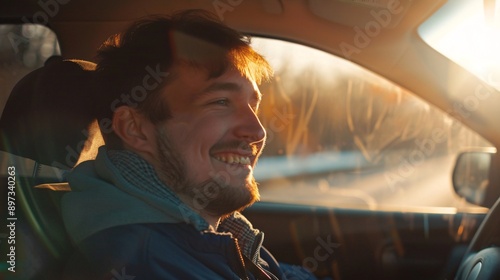 A man smiles and looks out the window of a car as he drives on a sunny day © Jiraphat