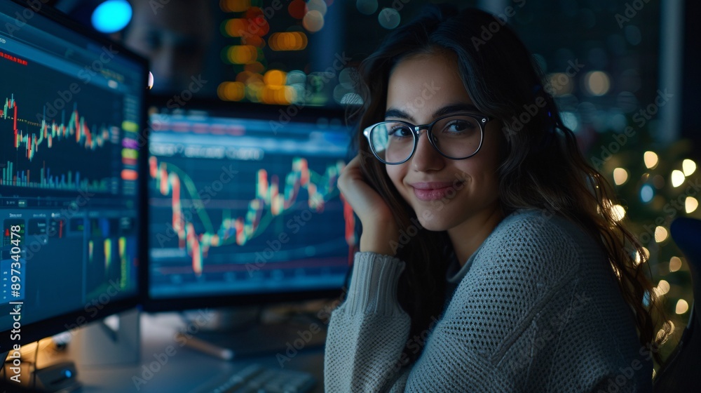 A woman sits in front of two computer monitors displaying stock market charts. She smiles directly at the camera, and she appears to be working on a project related to the stock market A woman sits in front of two computer monitors displaying stock market charts. She smiles directly at the camera, and she appears to be working on a project related to the stock market