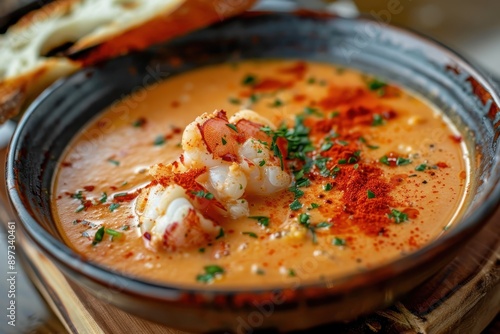 A dish of lobster bisque, rich and creamy, garnished with a sprinkle of paprika and served with a slice of crusty bread. 