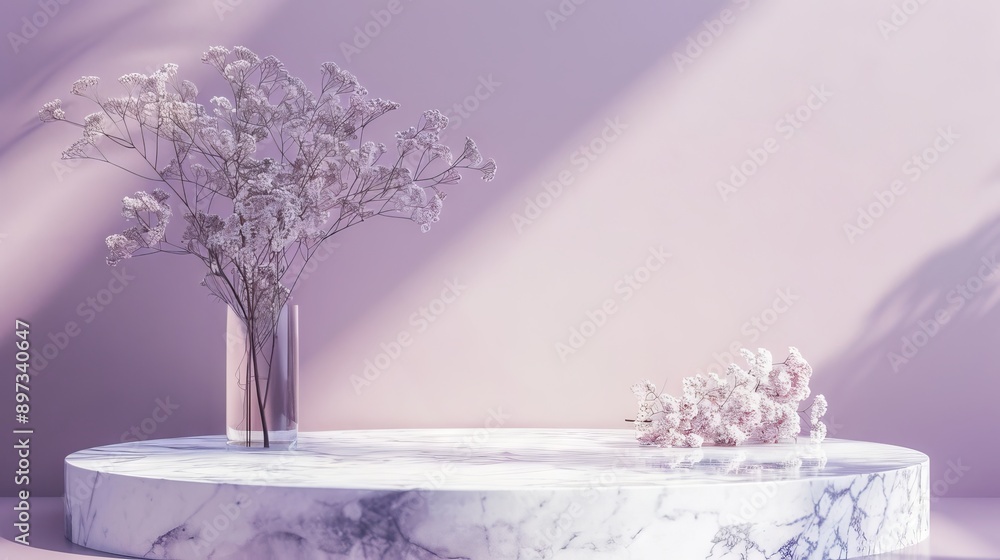 Obraz premium mauve pastel background, marble showcase platform, professional photo, flat lighting