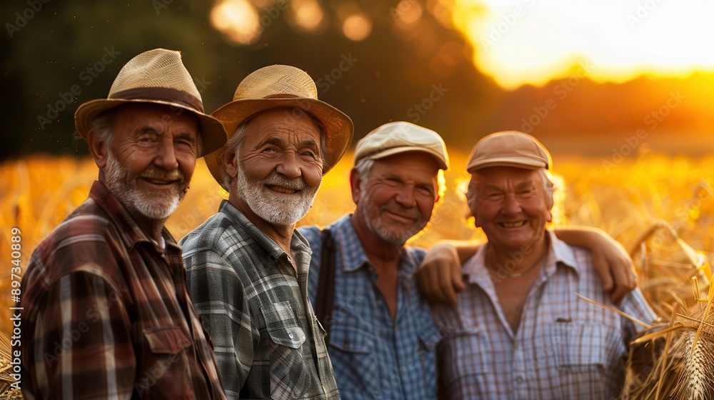 A group of four elderly smiling farmers standing in a harvested field with grains in the background during sunset, wearing hats and looking at the camera. Harvest season A group of four elderly smiling farmers standing in a harvested field with grains in the background during sunset, wearing hats and looking at the camera. Harvest season