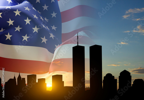 New York skyline silhouette with Twin Towers and USA flag against the sunset. Patriot Day banner. 9.11.2001