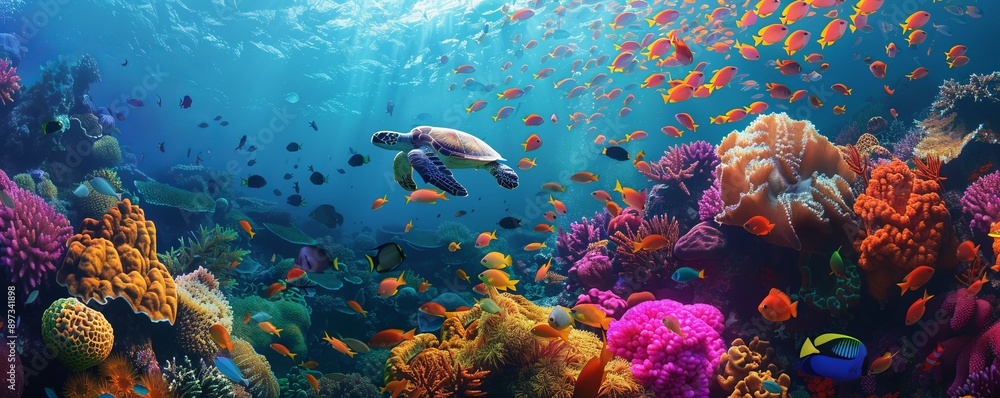 Naklejka premium A vibrant coral reef teeming with colorful fish and graceful sea turtles, creating a thriving underwater ecosystem.
