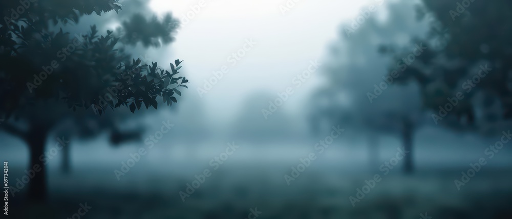 Fototapeta premium A misty morning perfect for wallpaper landscape fantasy, highlighting the gentle fog and a peaceful, otherworldly ambiance, banner, with copy space