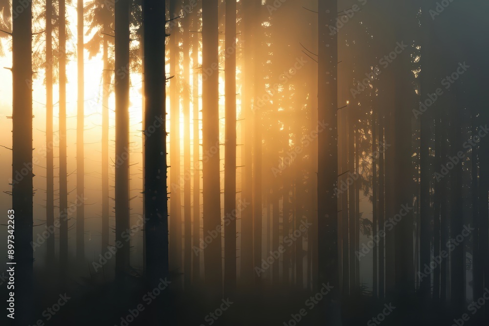 A mystical forest at dawn with enchanted mist in autumn, featuring tall trees shrouded in fog and warm, golden light filtering through, banner, with copy space A mystical forest at dawn with enchanted mist in autumn, featuring tall trees shrouded in fog and warm, golden light filtering through, banner, with copy space