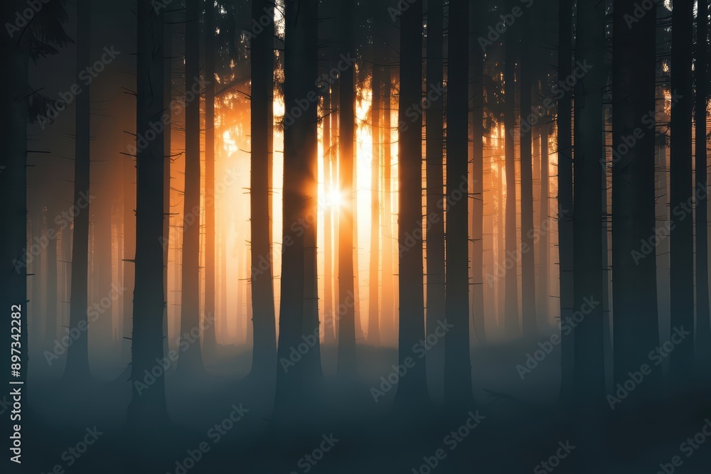 A mystical forest at dawn with enchanted mist in autumn, featuring tall trees shrouded in fog and warm, golden light filtering through, banner, with copy space A mystical forest at dawn with enchanted mist in autumn, featuring tall trees shrouded in fog and warm, golden light filtering through, banner, with copy space