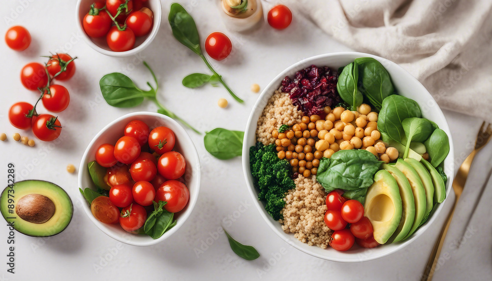 A colorful vegan Buddha bowl with quinoa, chickpeas, avocado, spinach, and cherry tomatoes on white background
A colorful vegan Buddha bowl with quinoa, chickpeas, avocado, spinach, and cherry tomatoes on white background