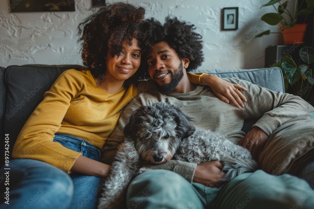 Portrait of a content mixed race couple in their 30s relaxing with their dog on the sofa Portrait of a content mixed race couple in their 30s relaxing with their dog on the sofa