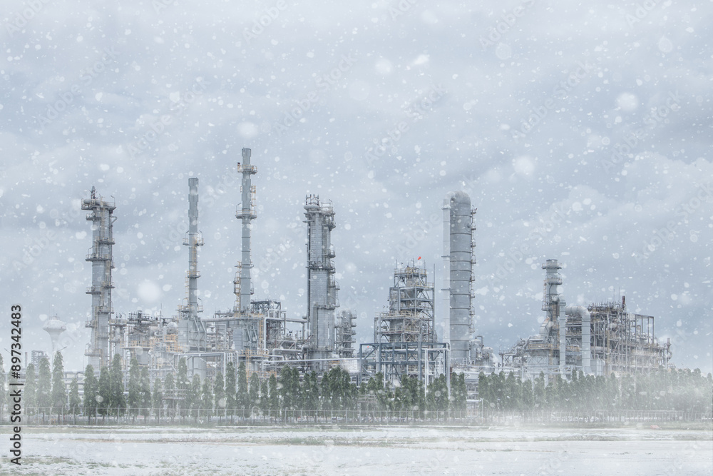 Obraz premium An old oil refinery in north pole snow tundra grass field snowstorm. Oil and Gas Energy power production in Siberia winter season.