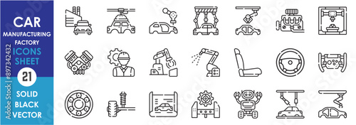 A set of line icons related to car manufacturing and factory. Car, factory, blueprint, engine, mechanic, auto, robotic, seat, steering and so on. Vector outline icons set.