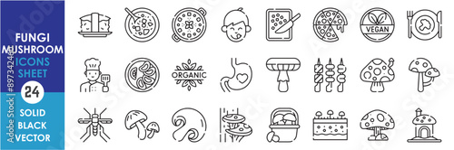A set of line icons related to fungi and mushroom. Fungus, vegetable, restaurant, tasty, soup, vegan, grow, pizza, grocery and so on. Vector outline icons set.