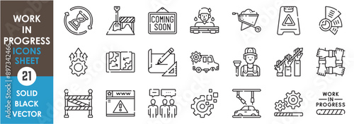 A set of line icons related to work in progress. Construction, working, labor, industry, business, together, coming soon, warning, team, and so on. Vector outline icons set.