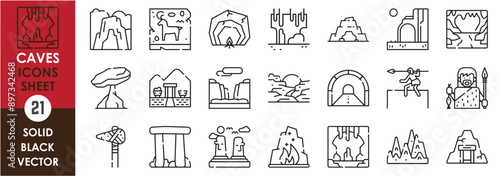 A set of line icons related to caves. Cavern, cave, tunnel, mine, ancient, primitive, weapons, craving, stones, and so on. Vector outline icons set.