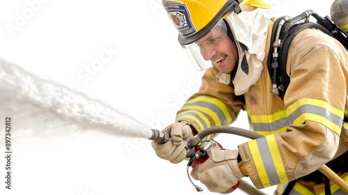 Firefighter in Protective Gear Using Fire Extinguisher on White Background photo