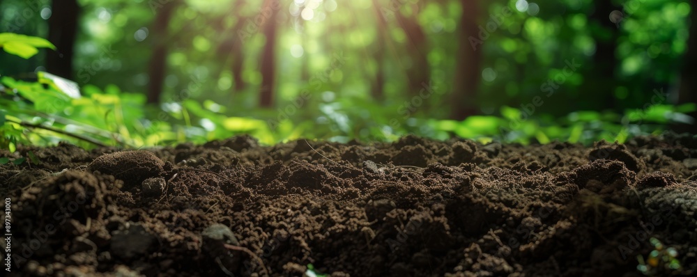 Close-up of fertile soil in a lush forest, sunlight shining through leaves Close-up of fertile soil in a lush forest, sunlight shining through leaves