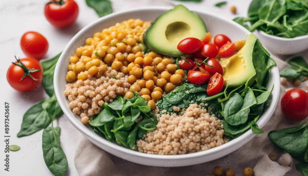 A colorful vegan Buddha bowl with quinoa, chickpeas, avocado, spinach, and cherry tomatoes on white background
A colorful vegan Buddha bowl with quinoa, chickpeas, avocado, spinach, and cherry tomatoes on white background
