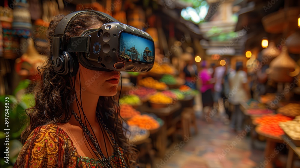 A woman in a VR headset at a real-world market is captivated by the virtual marketplace in front of her, engulfed in the digital world A woman in a VR headset at a real-world market is captivated by the virtual marketplace in front of her, engulfed in the digital world