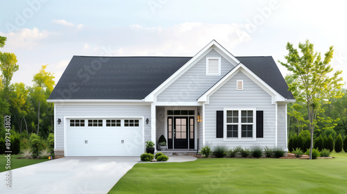 A traditional ranch house with a flat roof, sleek exterior, and large glass windows, surrounded by well-manicured shrubs and a paved driveway.