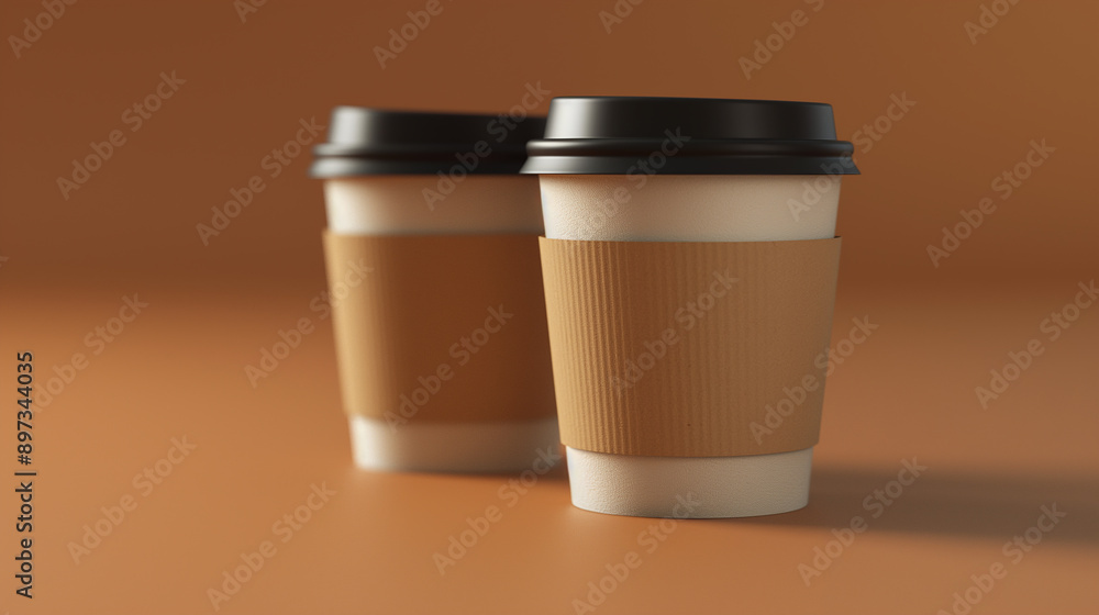 Two coffee cups with brown lids and paper sleeves Two coffee cups with brown lids and paper sleeves