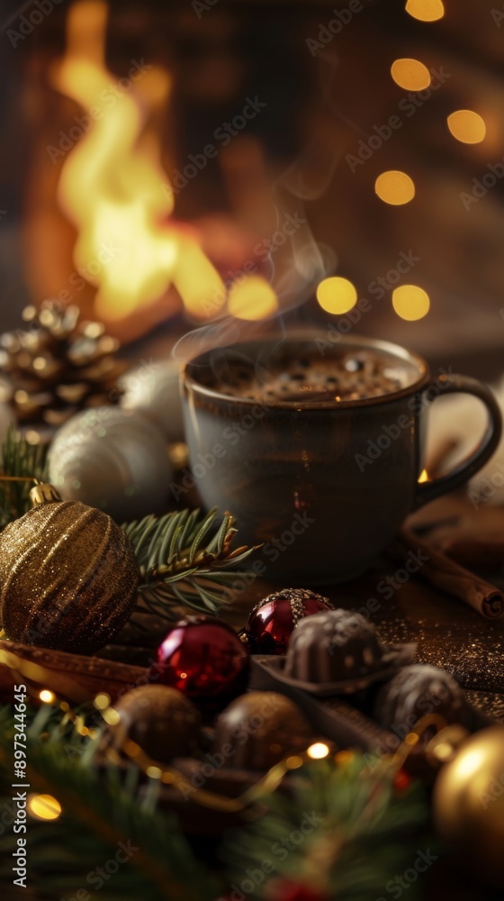 The New Year's festive table is decorated with shiny Christmas tree decorations, a lot of chocolates and gifts, aromatic coffee in a beautiful cup The New Year's festive table is decorated with shiny Christmas tree decorations, a lot of chocolates and gifts, aromatic coffee in a beautiful cup