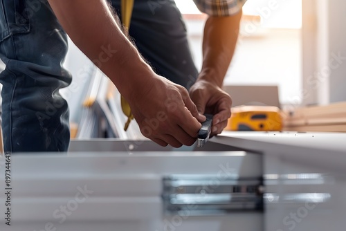 Close-up of a handyman installing drawer slides