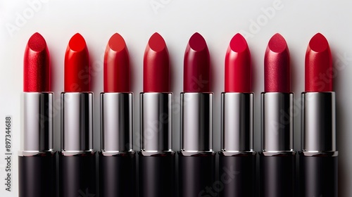 A row of red lipsticks, each in a different shade and tone, stand neatly against a white background. The lipstick has black on one end and a silver stripe.