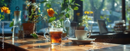 Filtered Arabica coffee on a cafe table, inviting fragrance, coffee break