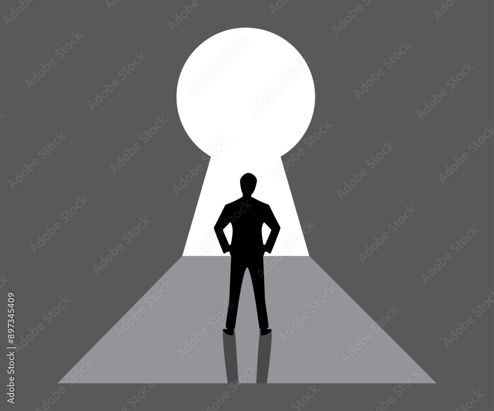 Obraz premium man silhouette front keyhole art illustration. believe in yourself. success concept.