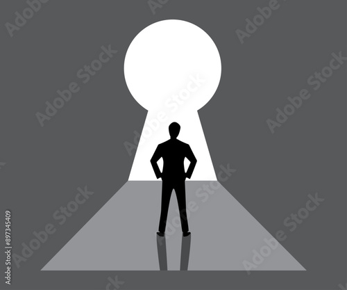 man silhouette front keyhole art illustration. believe in yourself. success concept.
