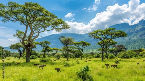 A group of monkeys in trees in the savannah with Mount Kilimanjaro in the background, photo of African monkeys in trees under blue sky, with green trees and beautiful landscape.