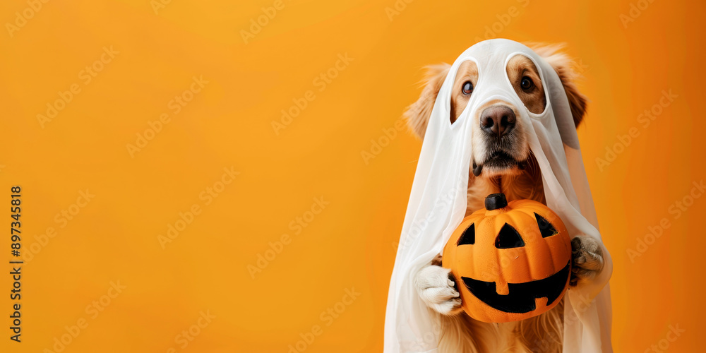 A golden retriever dog dressed as a ghost holding a pumpkin on a bright orange background, looking funny and cute A golden retriever dog dressed as a ghost holding a pumpkin on a bright orange background, looking funny and cute