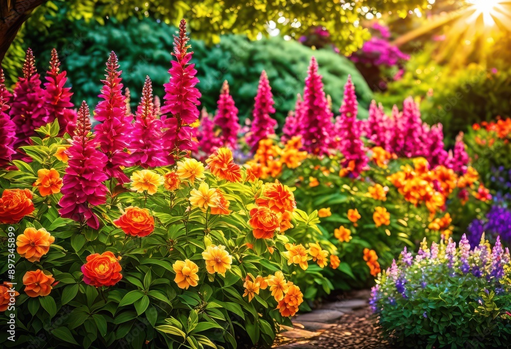 Fototapeta premium vibrant colorful blooms flourishing bright sun drenched environment lush greenery lively petals, flowers, colors, sunlight, garden, nature, blossoms, flora