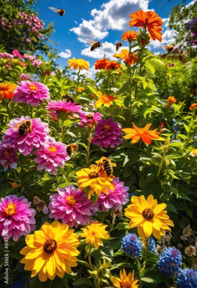 Fototapeta premium vibrant colorful blooms thriving lush sunny garden diverse flowers green foliage, sunlight, petals, leaves, colors, nature, plants, growth, beauty, flora
