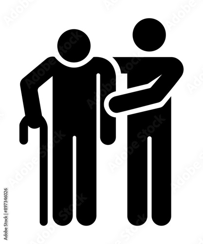 Senior people using walking aids silhouette. illustration care people black icon.
