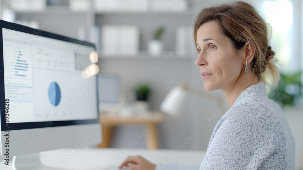A focused woman with light brown hair tied back, wearing earrings, works on a desktop computer displaying data charts and graphs. A focused woman with light brown hair tied back, wearing earrings, works on a desktop computer displaying data charts and graphs.