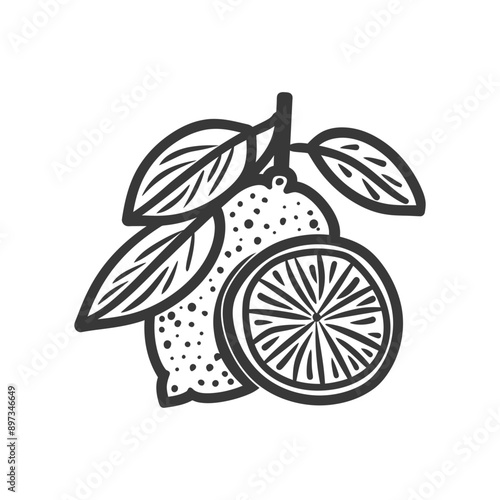 Hand drawn illustration of a lemon with leaves